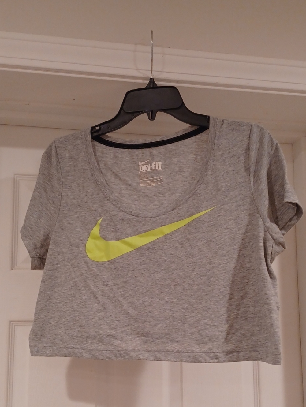 Nike Grey Cropped Tee with Neon Yellow Swoosh